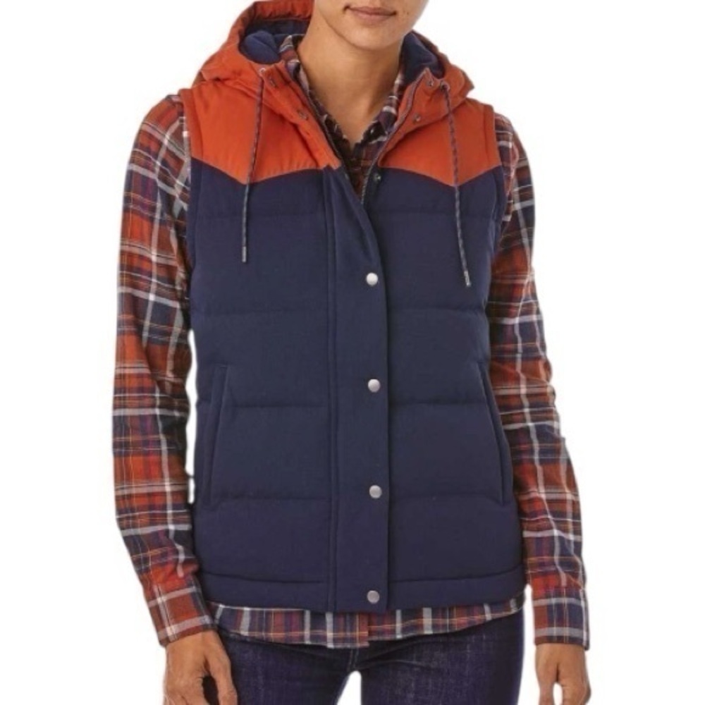 Patagonia Women’s Size S Navy Blue Orange Bivy Hooded Down Vest